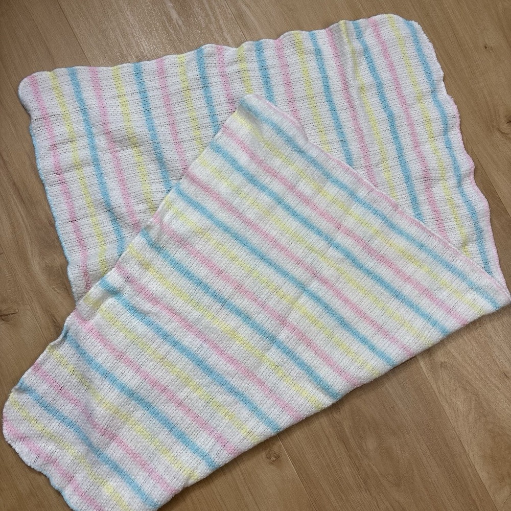 Vintage Beacon Pastel Pink Blue Yellow Stripe Waffle Weave Baby Blanket 36 X 24